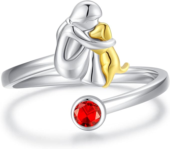 調整可能な犬のリング - 925銀製女の子フィギュア付き