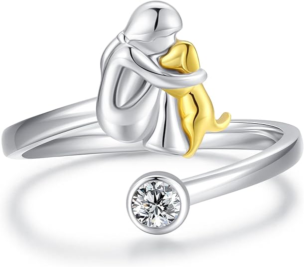 調整可能な925シルバー製犬モチーフリング - 女性用ハンドメイド