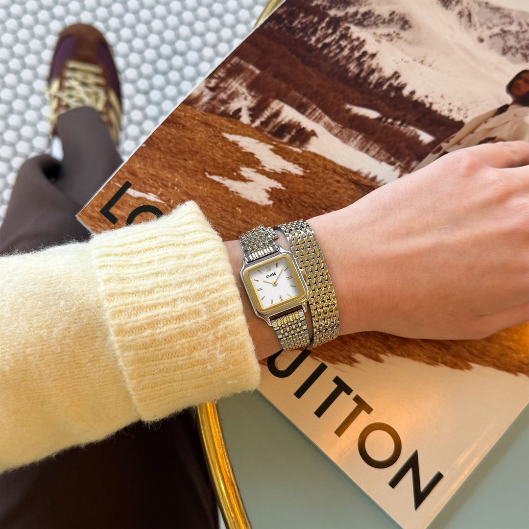 グラシューズ プティウォッチ ダブルスチール、ホワイト、ツートン