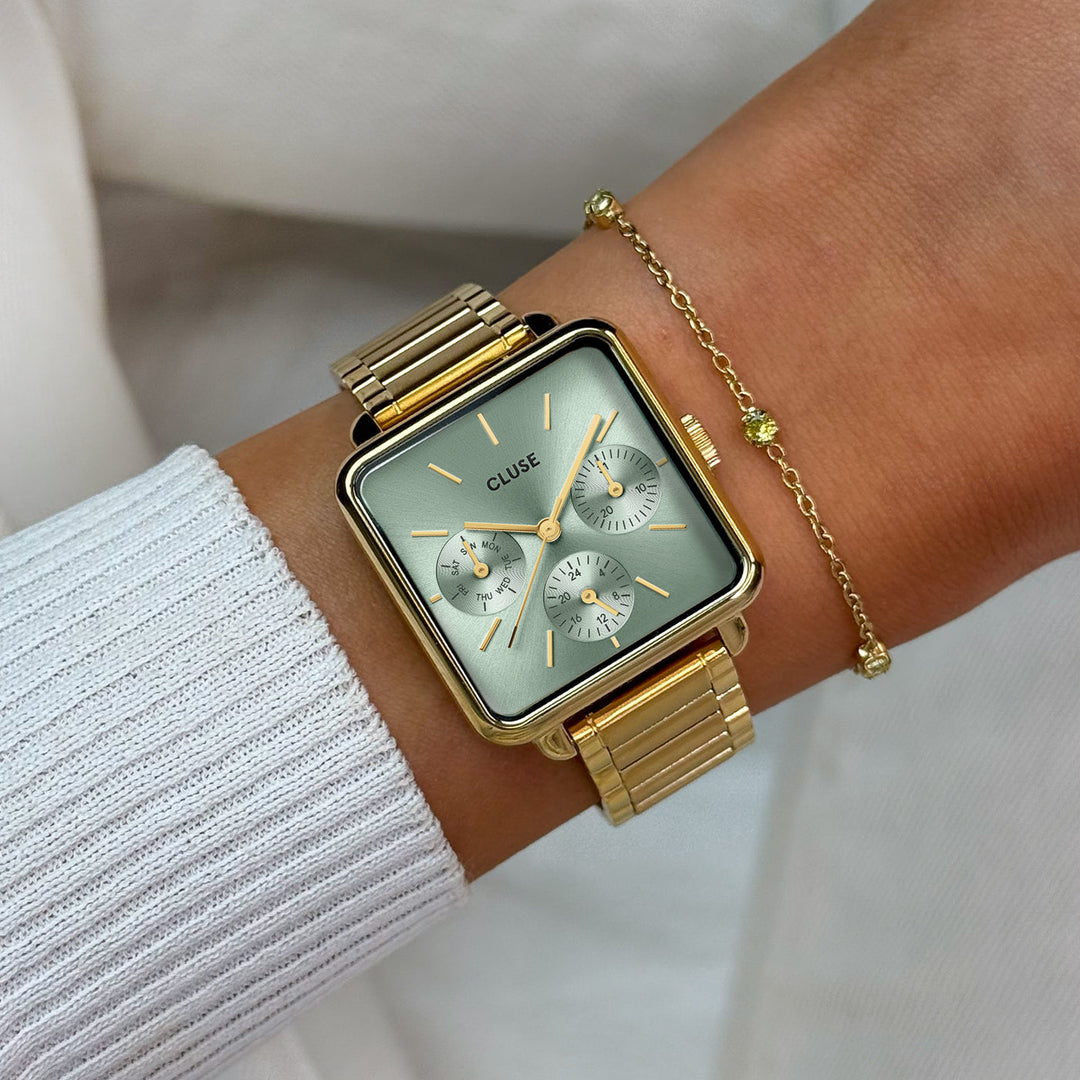 ラ・テトラゴン マルチファンクションウォッチ スチール、セージグリーン、ゴールドカラー