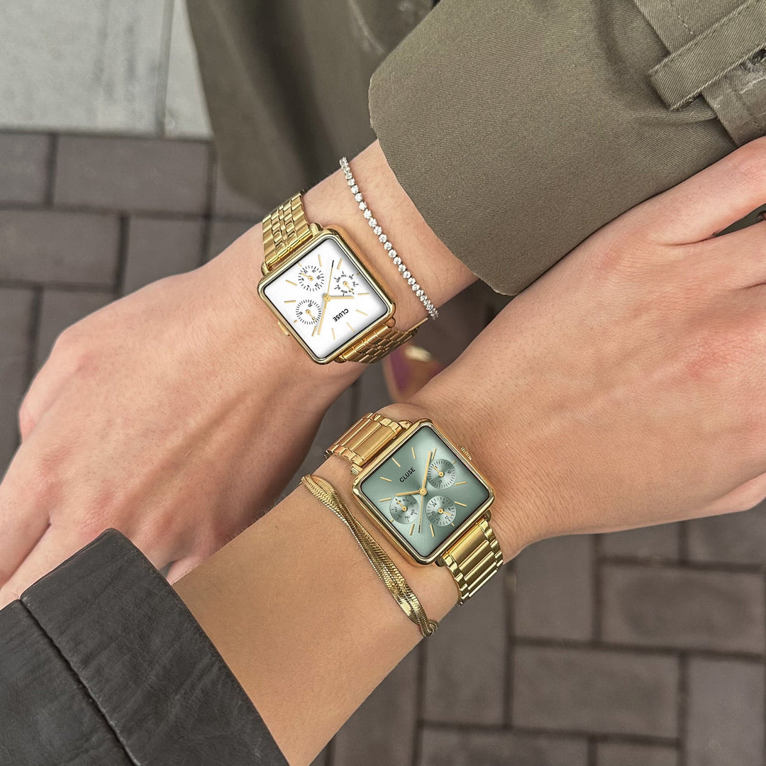 ラ・テトラゴン マルチファンクションウォッチ スチール、セージグリーン、ゴールドカラー