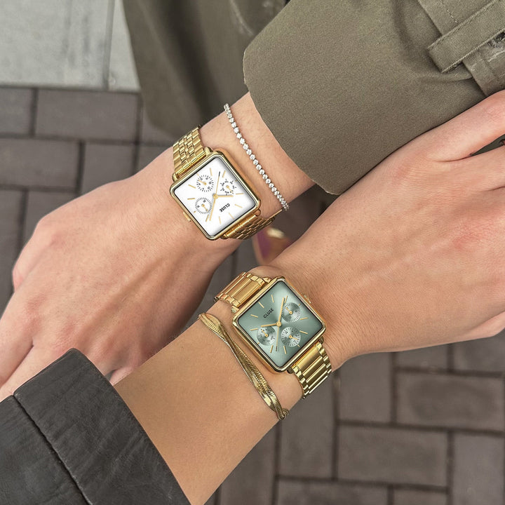 ラ・テトラゴン マルチファンクションウォッチ スチール、セージグリーン、ゴールドカラー