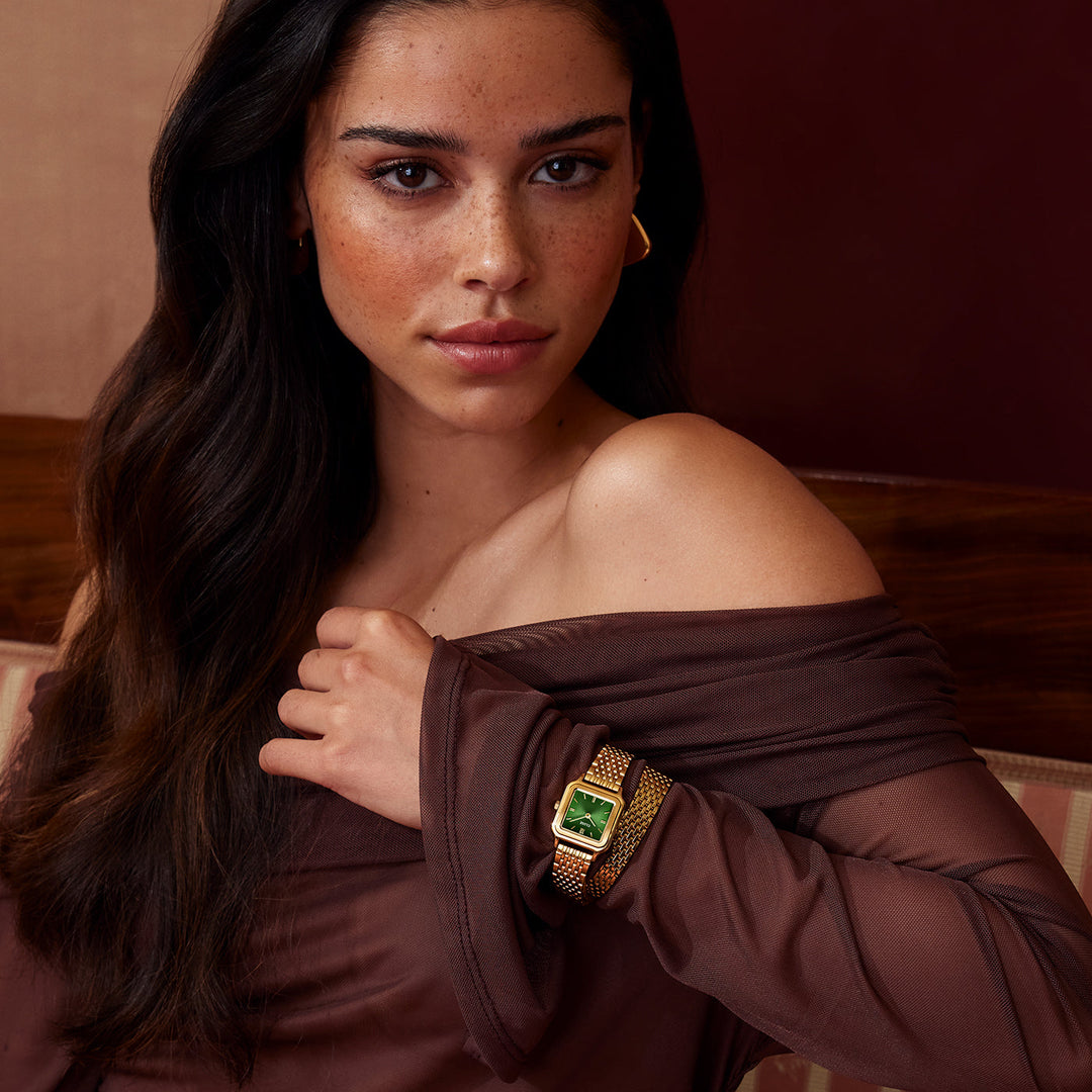 優雅な小型時計 ダブルスチール、フォレストグリーン、ゴールドカラー