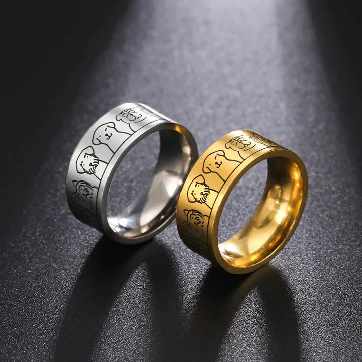 犬モチーフの幅広ステンレススチールリング – 女性向け彫刻デザイン