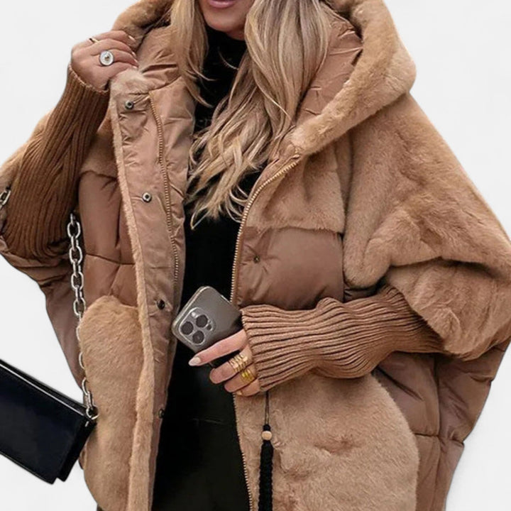 オーバーサイズフード付きパッチワークダウンジャケット